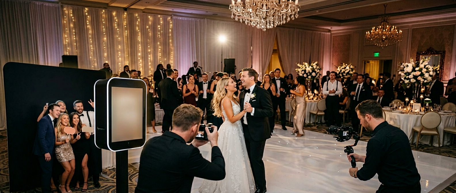 Wedding reception coverage by Media Circle with a bride and groom dancing beside a photo booth in metro Atlanta.